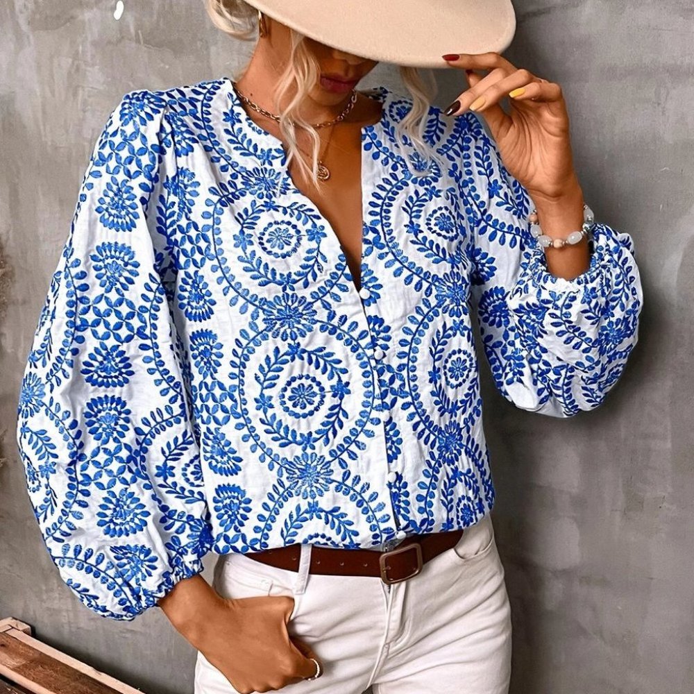 Blue and White Boho Womens Floral Print Lantern Sleeve Blouse - Picture 4 of 5